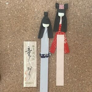 Vintage Handmade Japanese Paper Doll Bookmark Set - Red & Light Blue